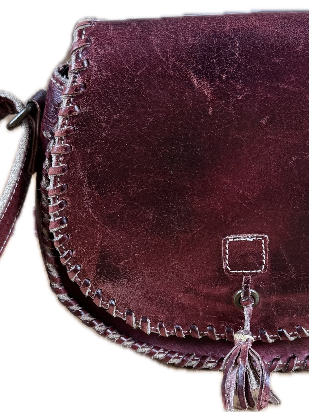 BED|STU Burgundy Whipstitch Leather Crossbody with Tassel Halfmoon
